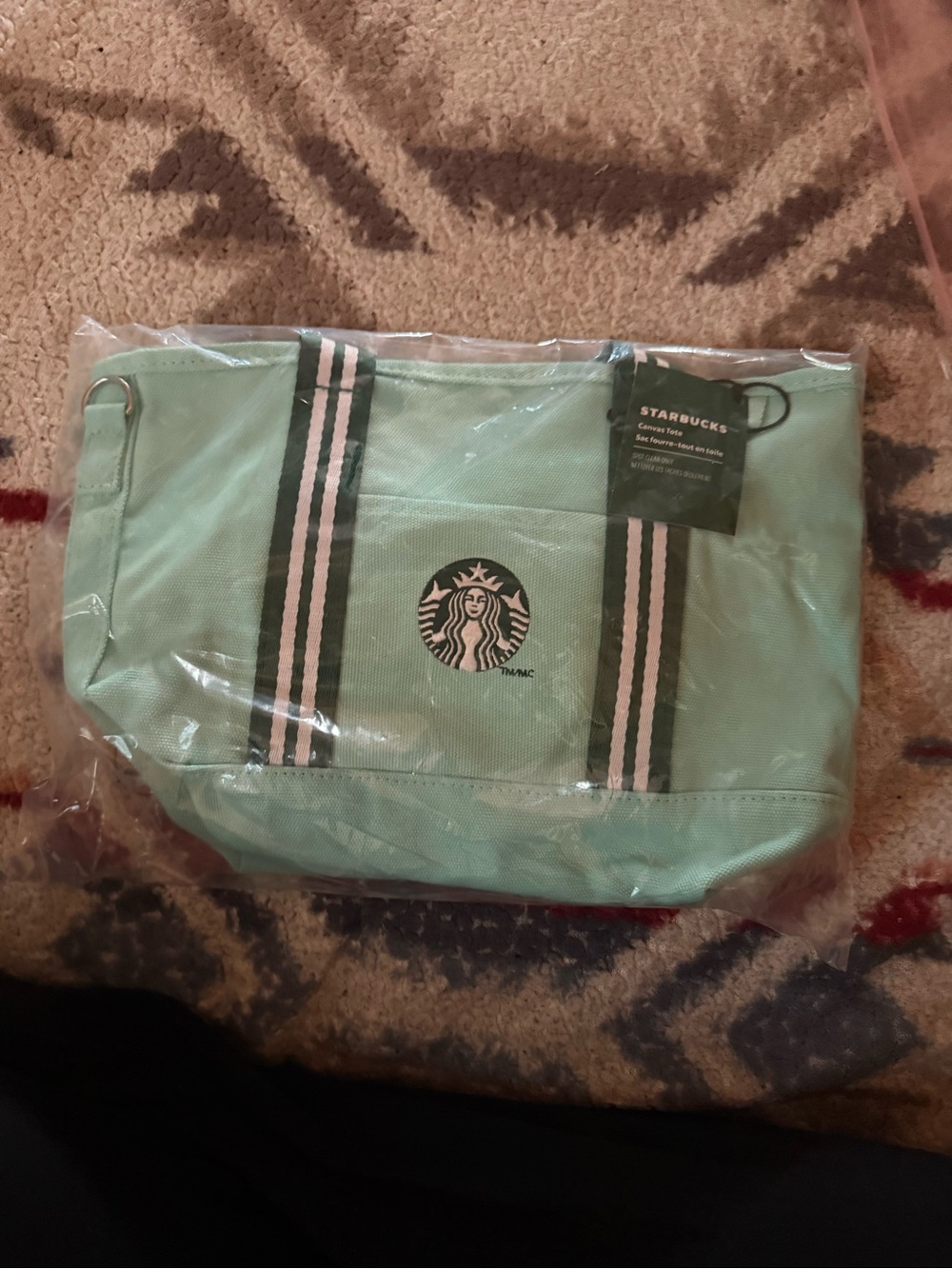Starbucks Mint Green Canvas Tote with Striped Handles